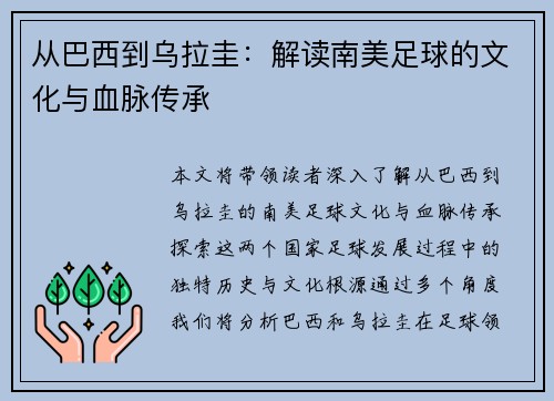 从巴西到乌拉圭：解读南美足球的文化与血脉传承