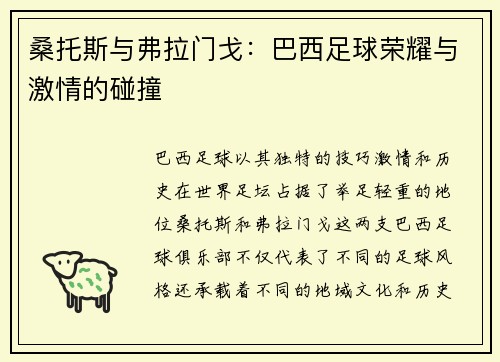 桑托斯与弗拉门戈：巴西足球荣耀与激情的碰撞
