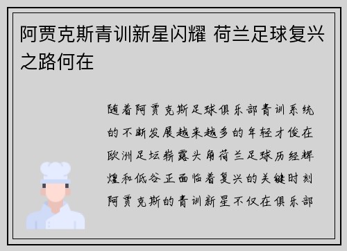 阿贾克斯青训新星闪耀 荷兰足球复兴之路何在