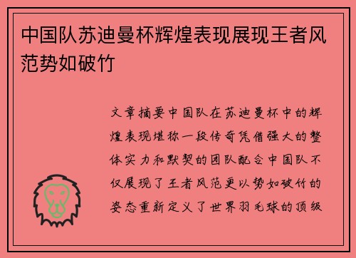 中国队苏迪曼杯辉煌表现展现王者风范势如破竹
