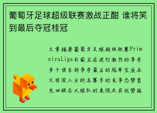 葡萄牙足球超级联赛激战正酣 谁将笑到最后夺冠桂冠